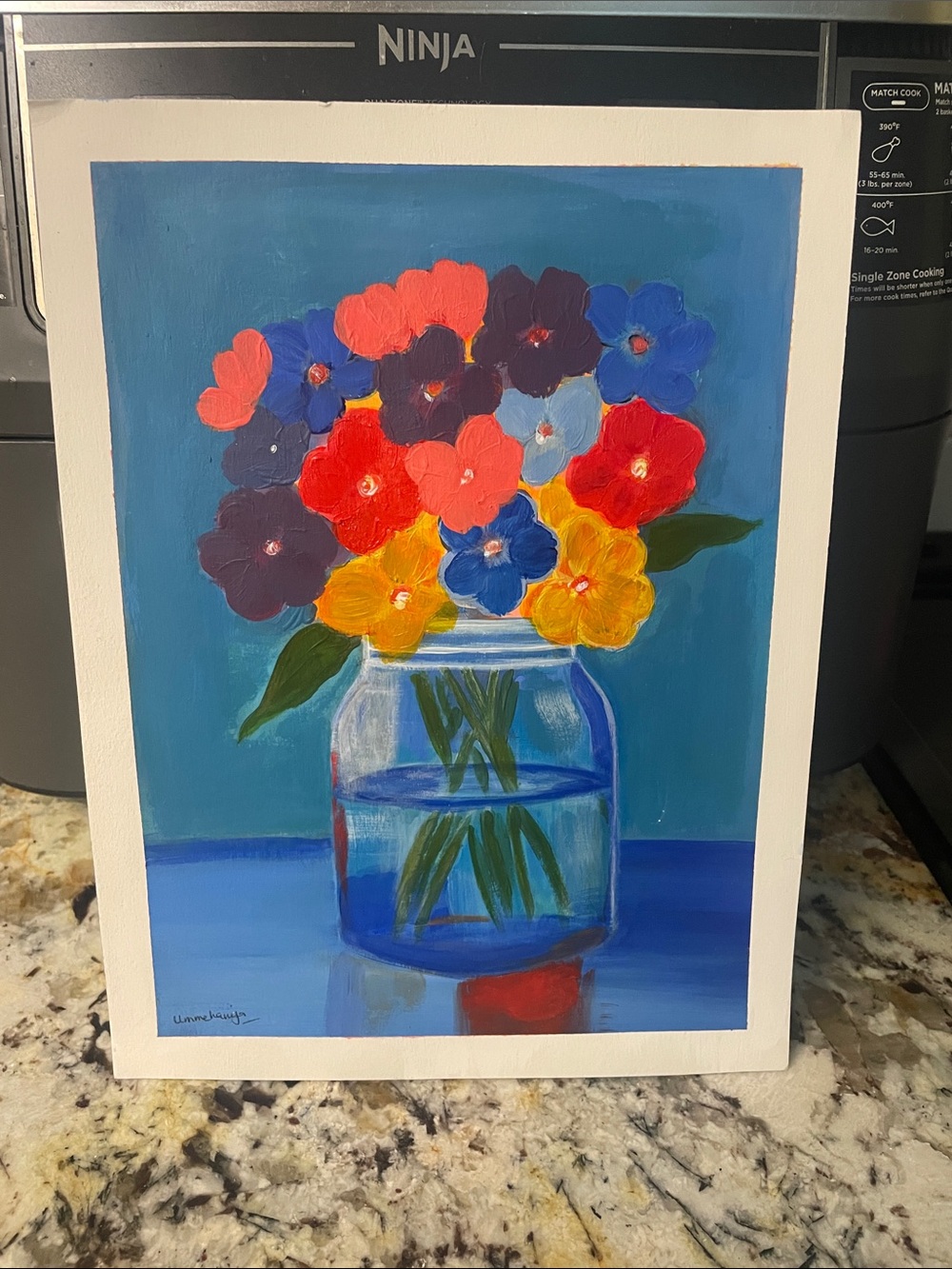 Bright Floral Still Life Painting in Blue with Colorful Bouquet